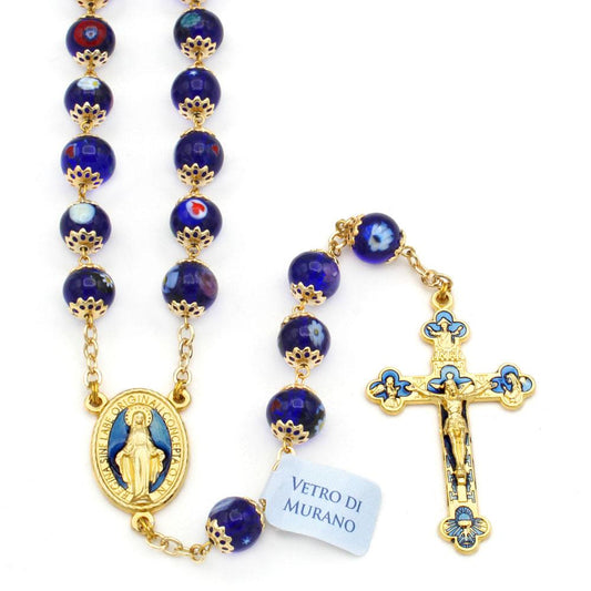 Rosary Blue Mosaic Murano Glass Beads Miracle Medal