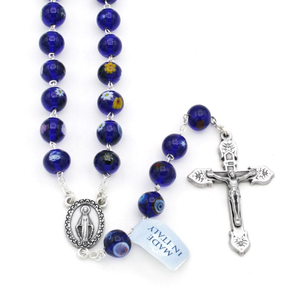 Rosary Blue Mosaic Murano Glass Beads Miracle Medal Silver