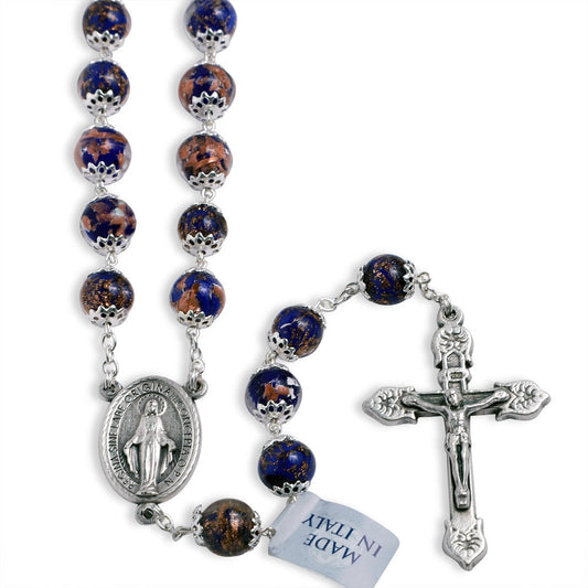 Dark Blue Murano Beads Rosary Miracle Medal