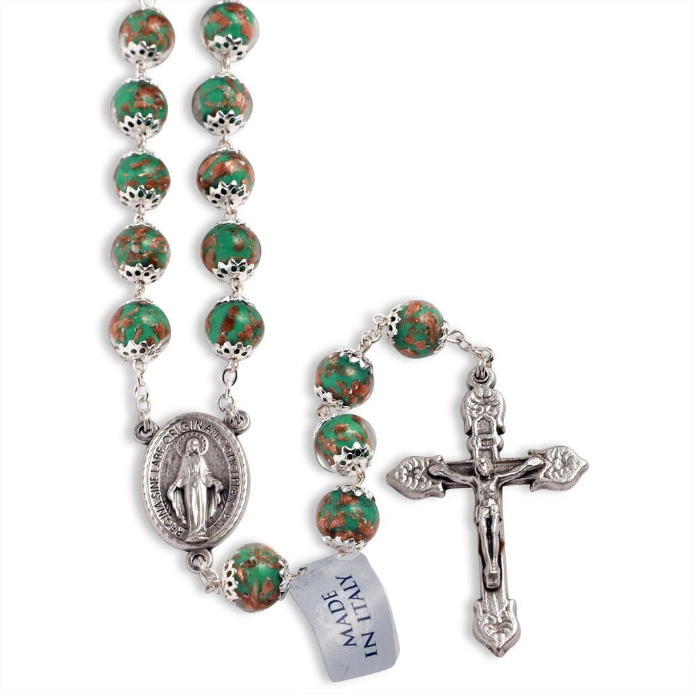 Green Murano Beads Rosary Miracle Medal