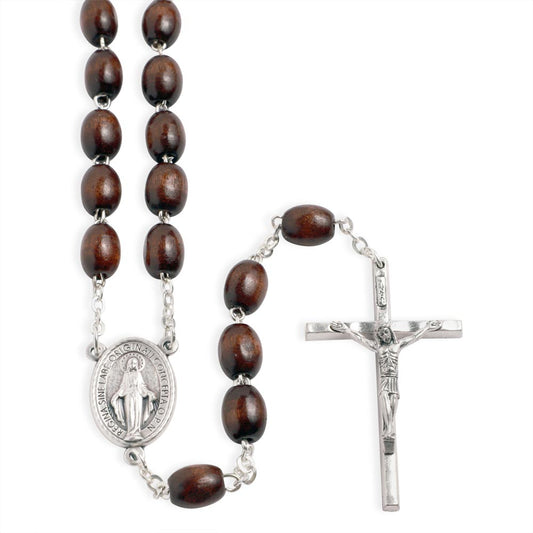 Rosary Brown Wooden Oval Beads Miracle Medal