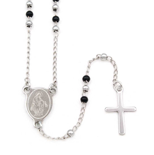 Rosary Necklace Silver and Black Metal Beads