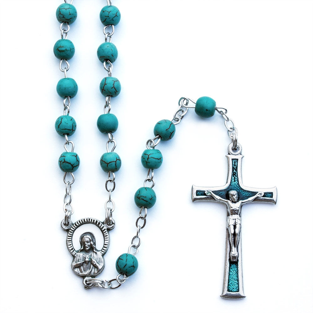 Rosary Beads Turquoise Stone Sacred Heart