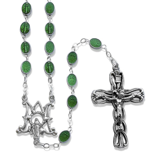 Green Enamel Bead Rosary with Lady of Miracles and Crucifix