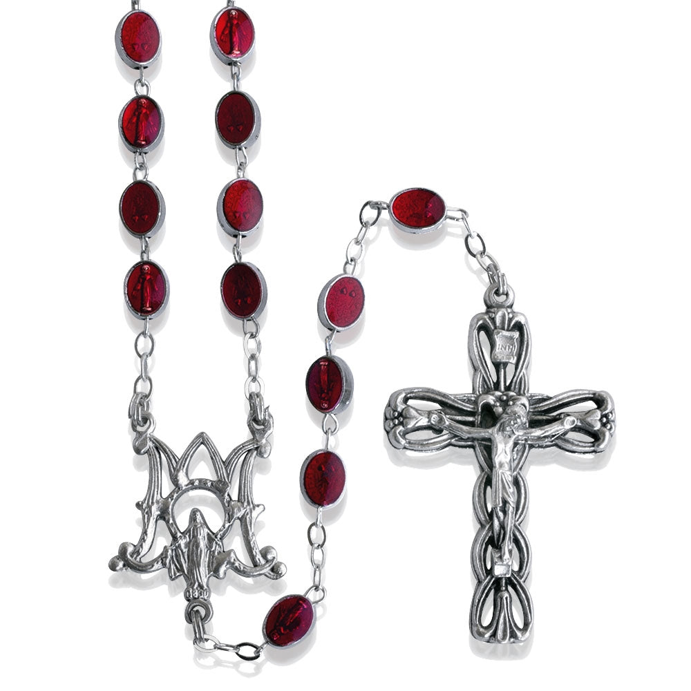 Red Enamel Bead Rosary with Lady of Miracles and Crucifix