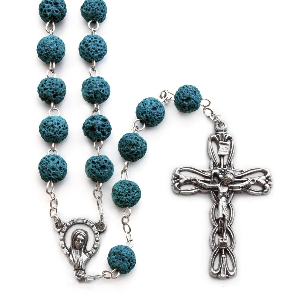 Rosary Blue Lava Rock Beads Antique Finish Ornamental Cruciifx