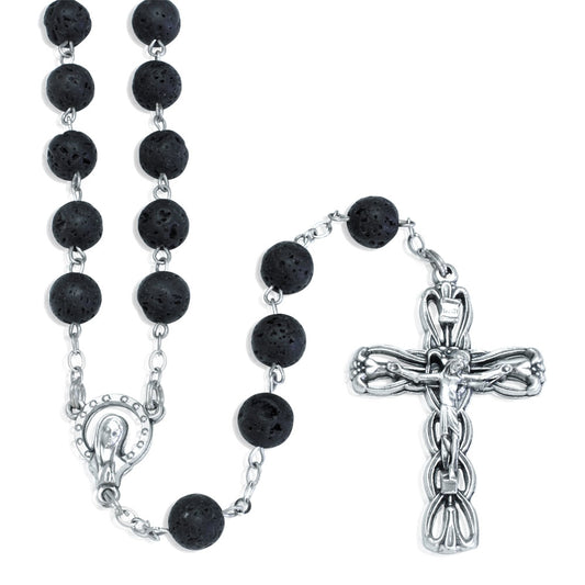 Rosary Black Lava Rock Beads Antique Finish Ornamental Cruciifx