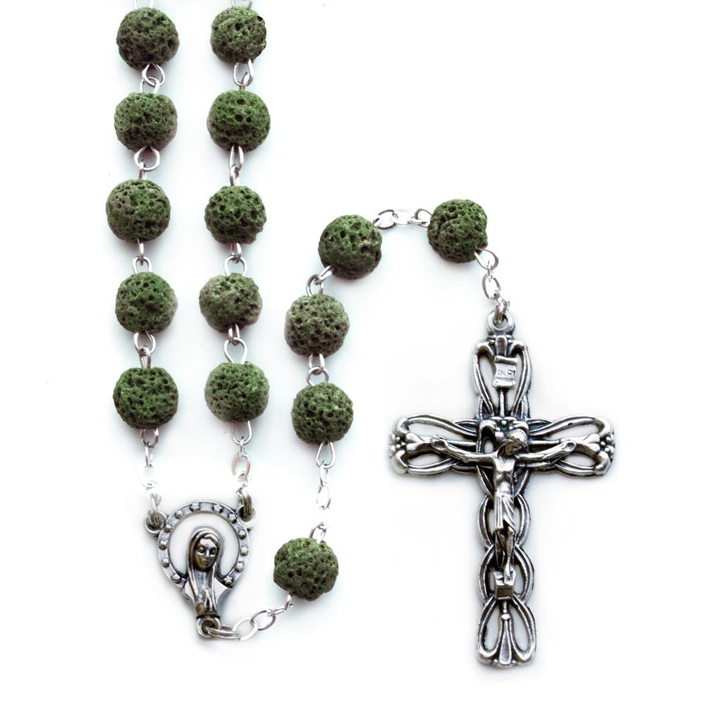 Rosary Green Lava Rock Beads Antique Finish Ornamental Cruciifx