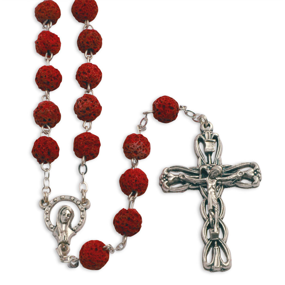 Rosary Red Lava Rock Beads Antique Finish Ornamental Crucifix Madonna