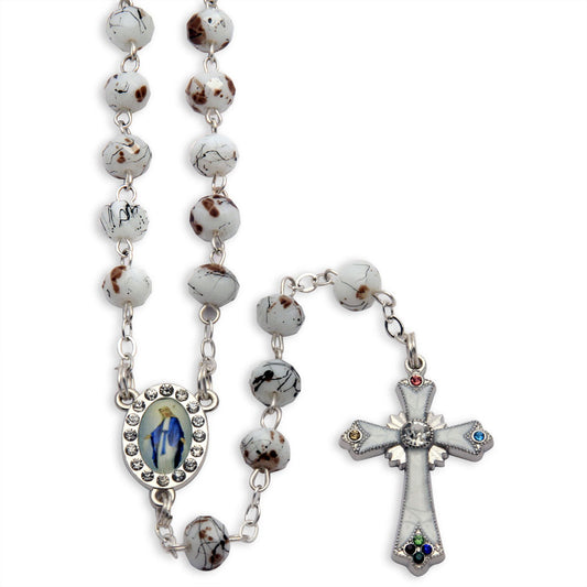 Rosary White Faceted with Spotted Crystal Beads Virgin Mary