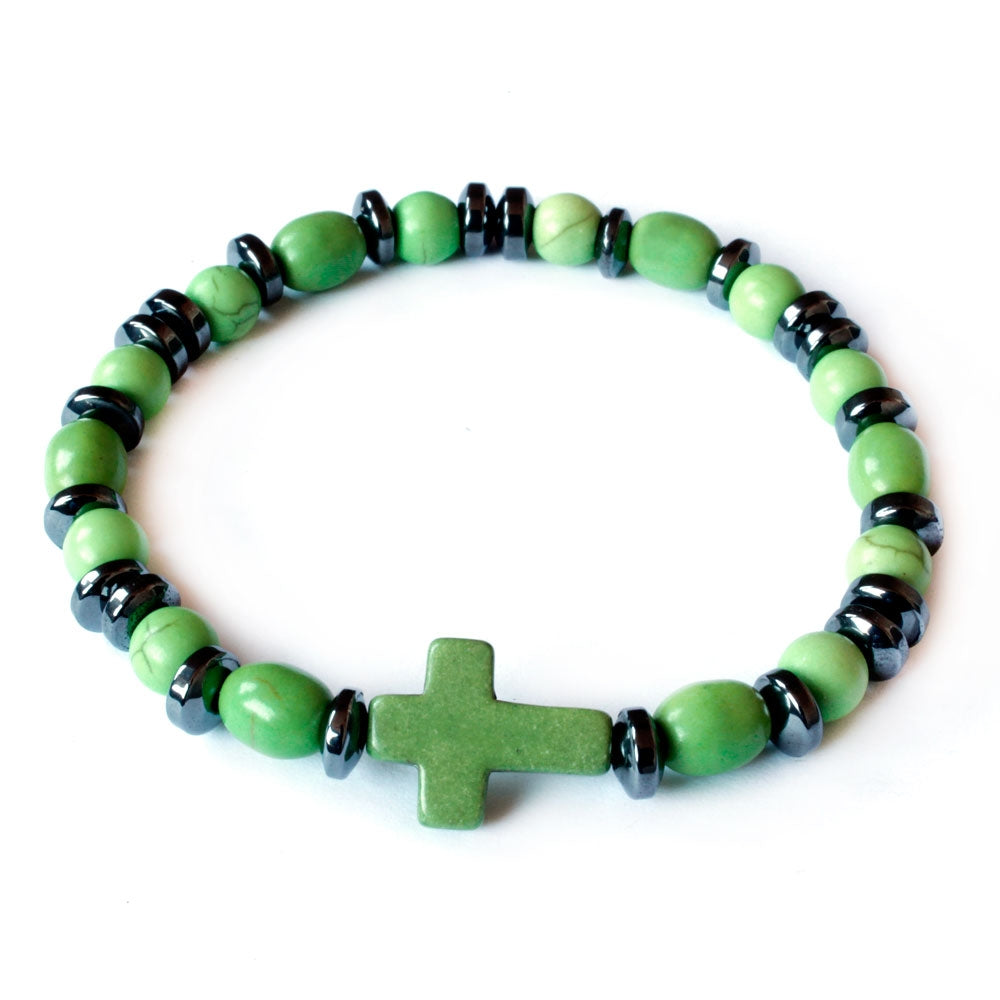 Bracelet Hematite Green Beads Cross Elastic Women Teens Children