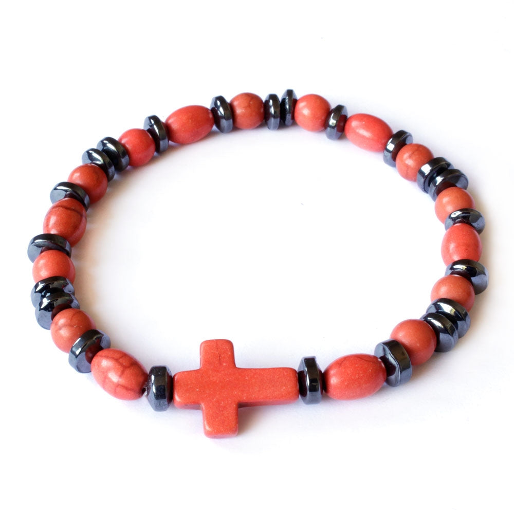Elastic Rosary Bracelet Orange Stone and Hematite Beads