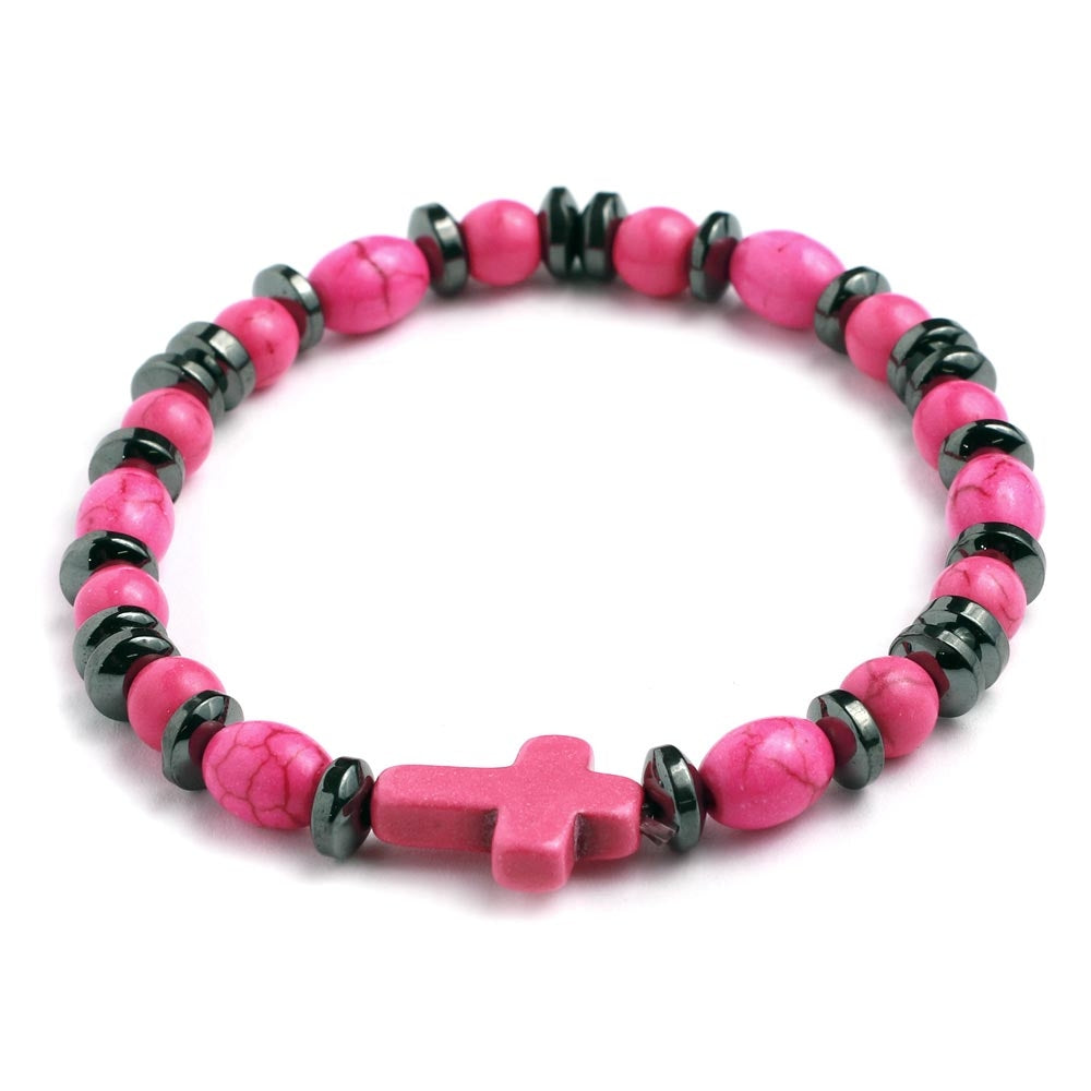 Elastic Rosary Bracelet Pink Stone and Hematite Beads