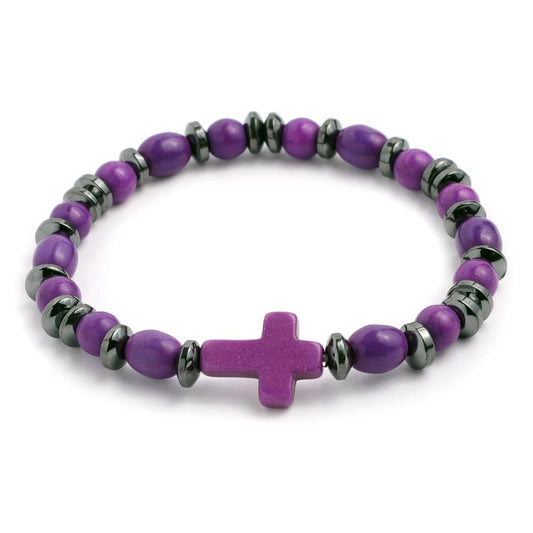 Elastic Rosary Bracelet Purple Stone and Hematite Beads