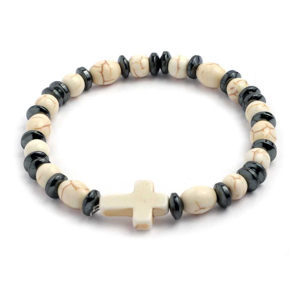 Elastic Rosary Bracelet Cream Stone, Hematite Beads