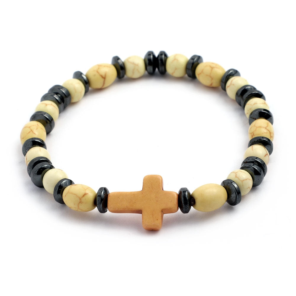Elastic Rosary Bracelet Yellow Stone and Hematite Beads