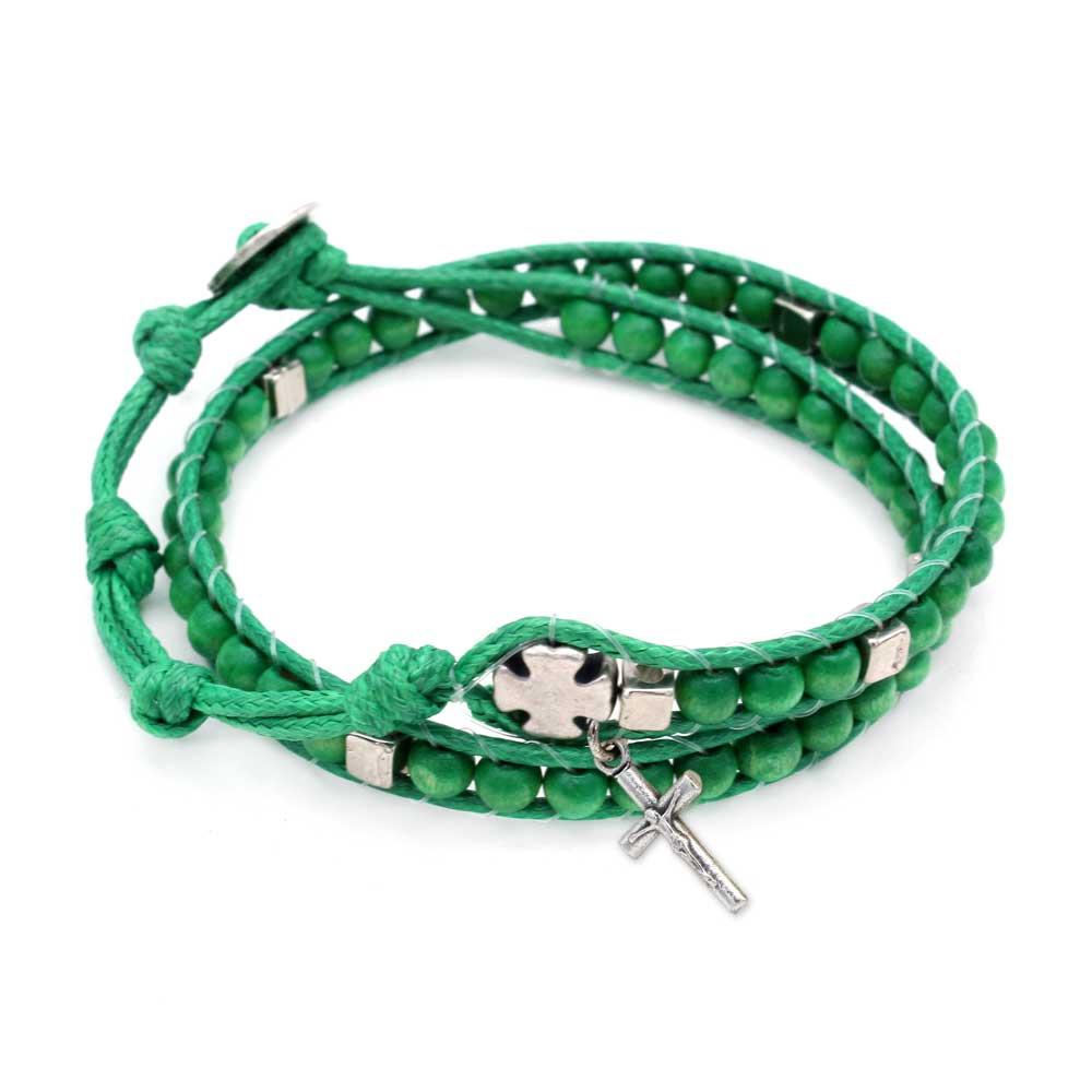 Ladder Design Green Wooden Beads Wrap Around Rosary Bracelet 