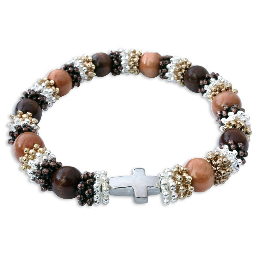 Wooden Bead Rosary Bracelet with Cross in-line