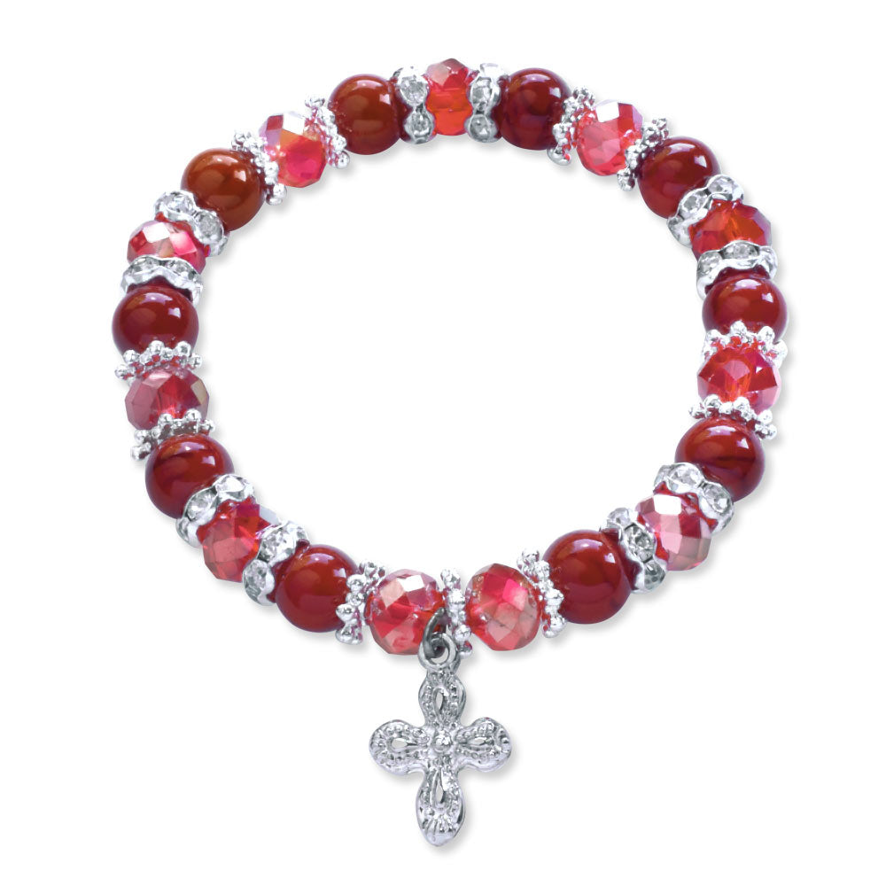 Rosary Bracelet with Red Glass and Faceted Beads with Cross Charm
