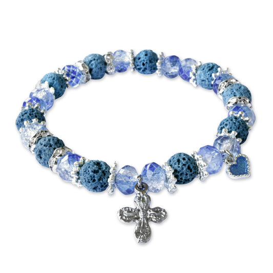 Rosary Bracelet with Blue Lava and Faceted Beads with Cross and Heart Charm