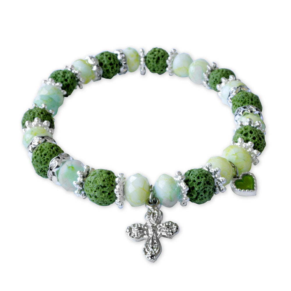 Rosary Bracelet Green Lava Faceted Beads Cross Heart Charm