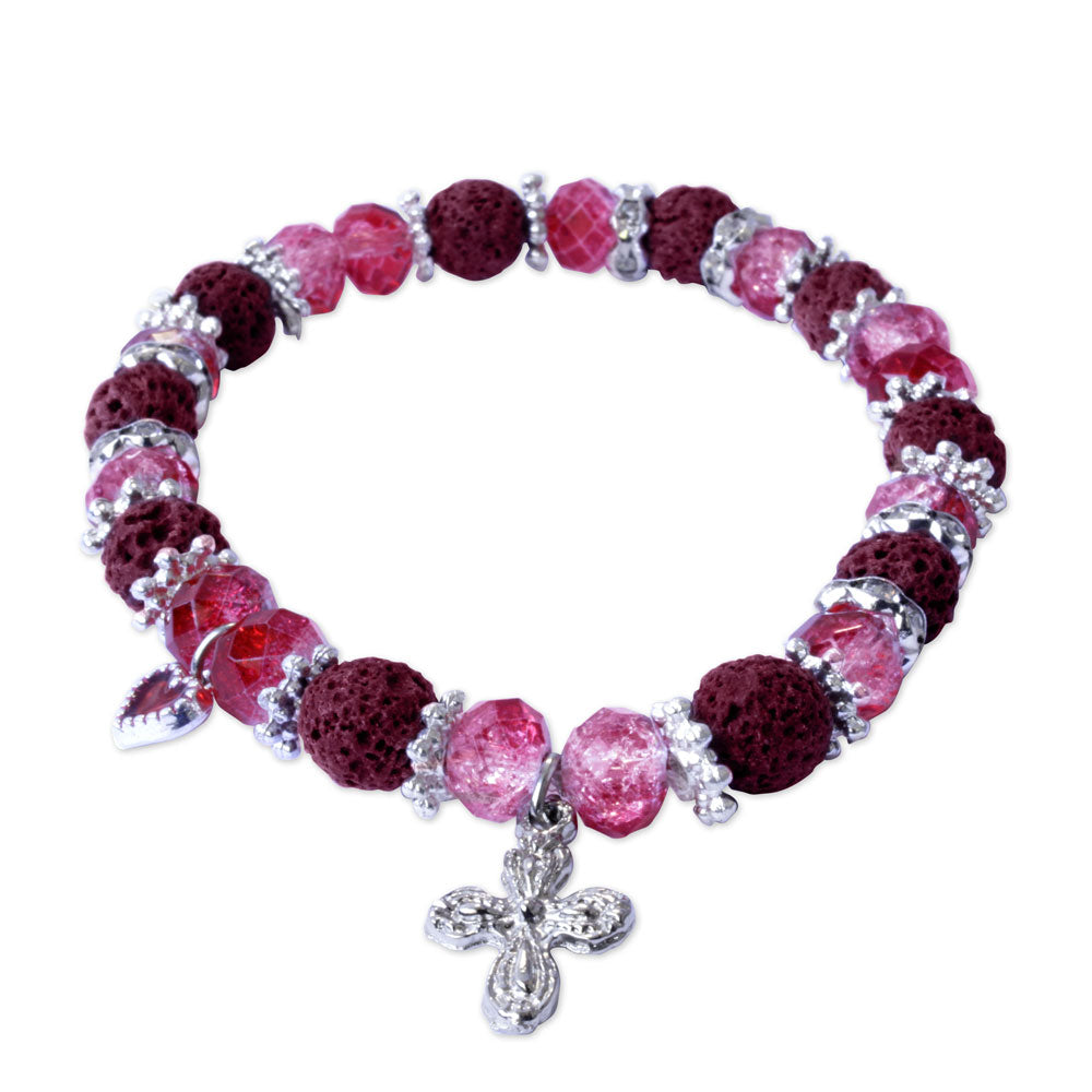 Rosary Bracelet Red Lava Faceted Beads Cross Heart Charm