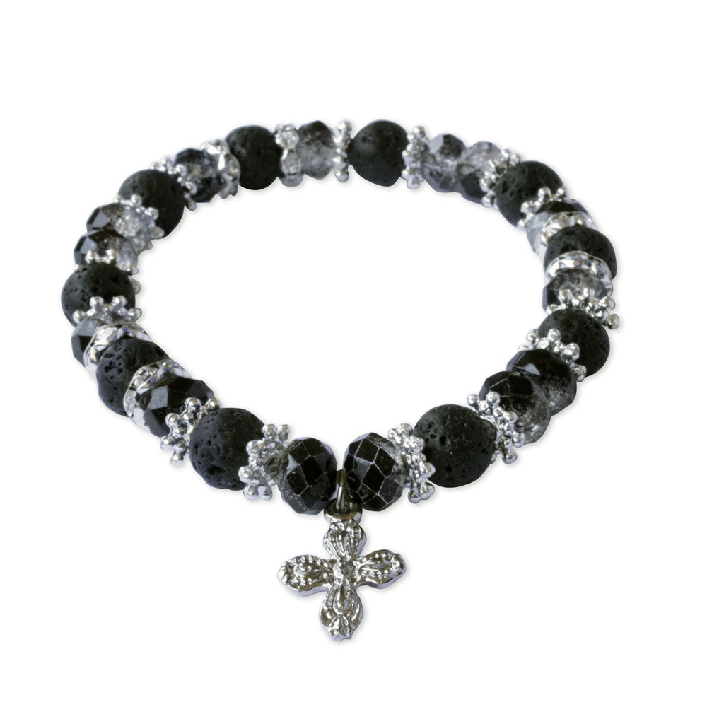 Rosary Bracelet Black Lava and Faceted Beads with Cross Charm