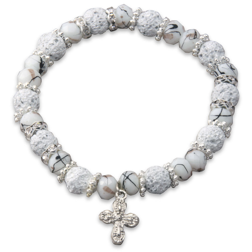 Rosary Bracelet White Lava and Faceted Beads with Cross Charm