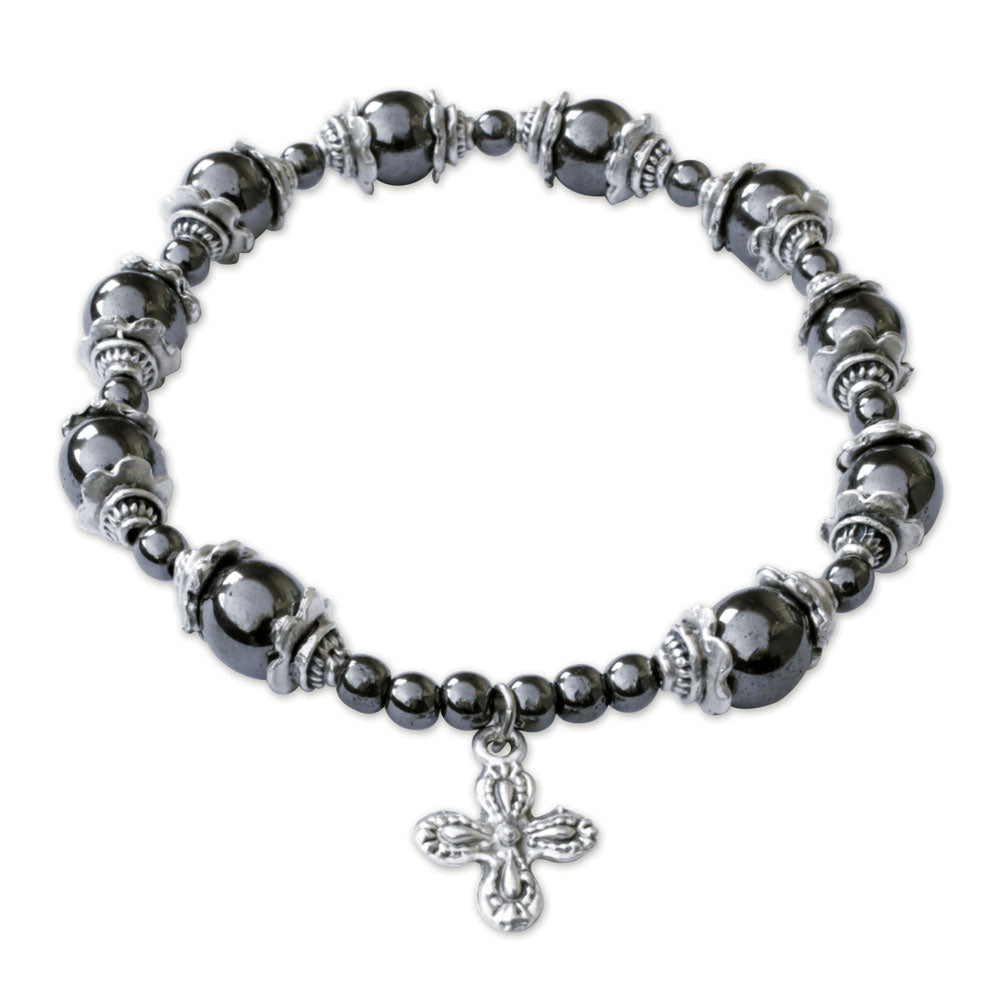 Hematite Rosary Bracelet Capped Beads with a Cross Charm