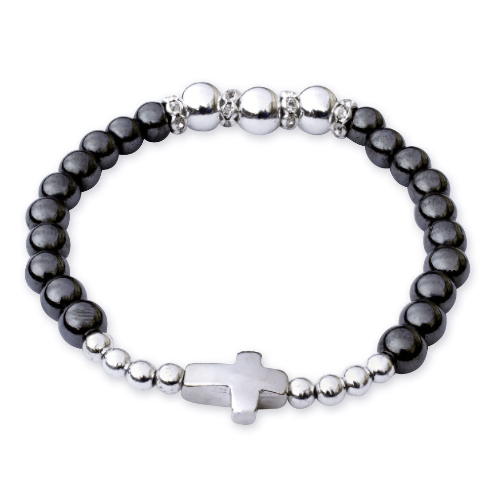 Rosary Bracelet Hematite Beads Inline Cross