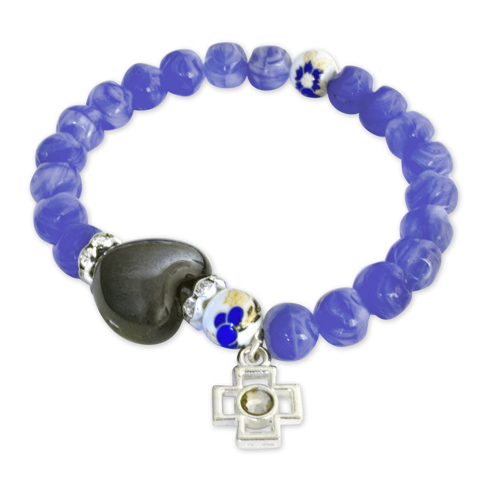 Rosary Bracelet Blue Beads Heart Cross Elastic women teens