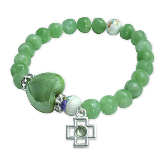 Rosary Bracelet green Beads Heart Cross Elastic women teens