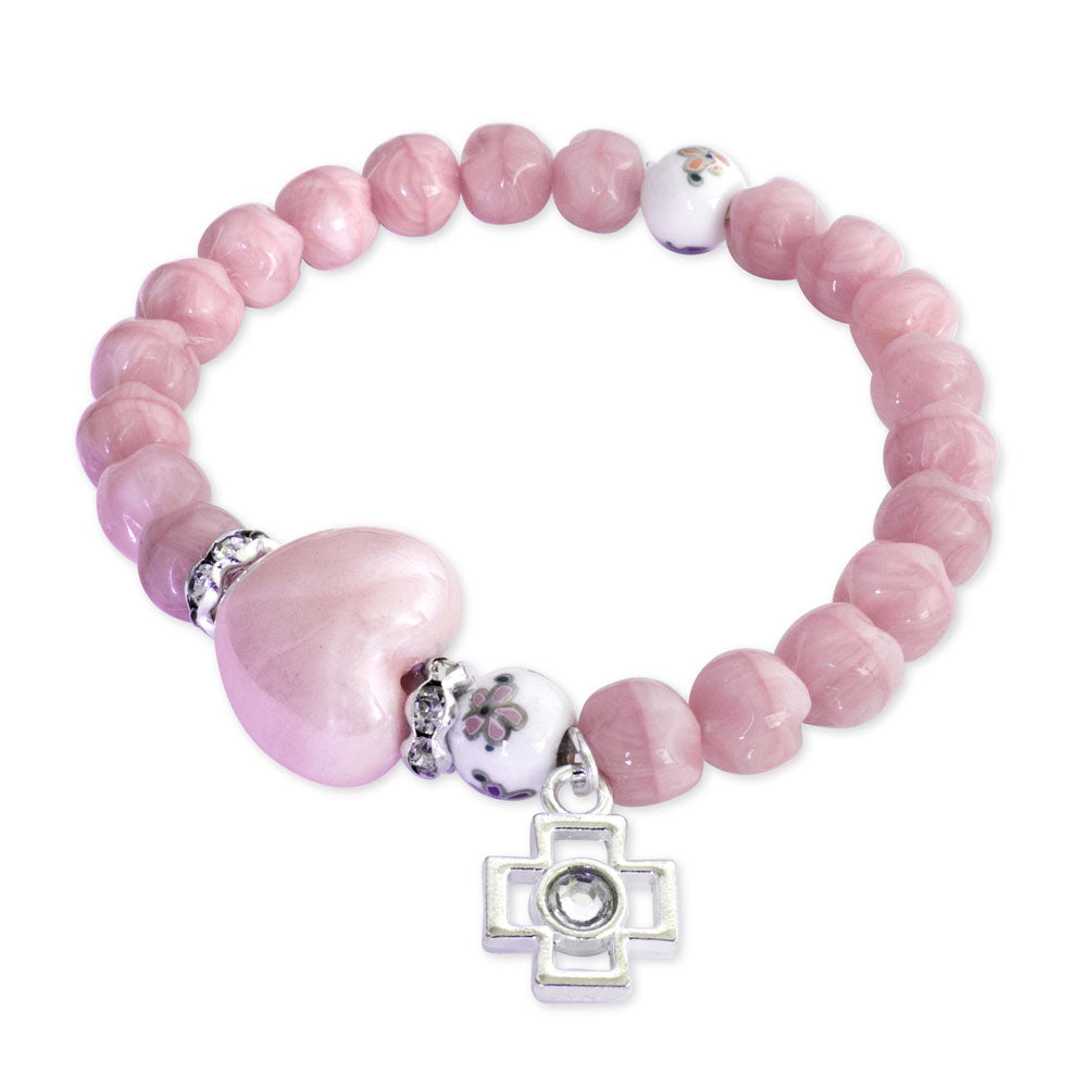 Rosary Bracelet Pink Beads Heart Cross Elastic women teens