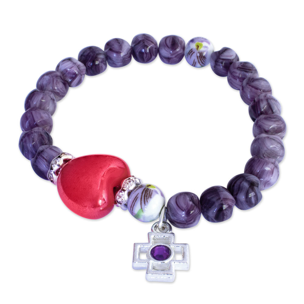 Rosary Bracelet Purple Beads Heart Cross Elastic women teens