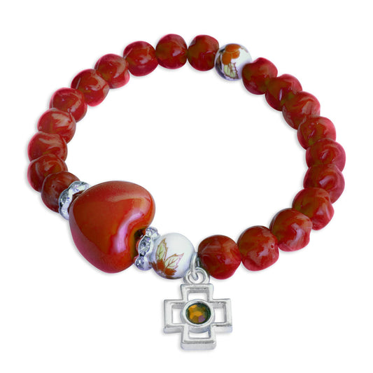 Rosary Bracelet Red Beads Heart Cross Elastic women teens