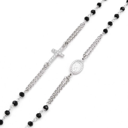 Madonna Silver Rosary Necklace with Black Swarovski Crystals
