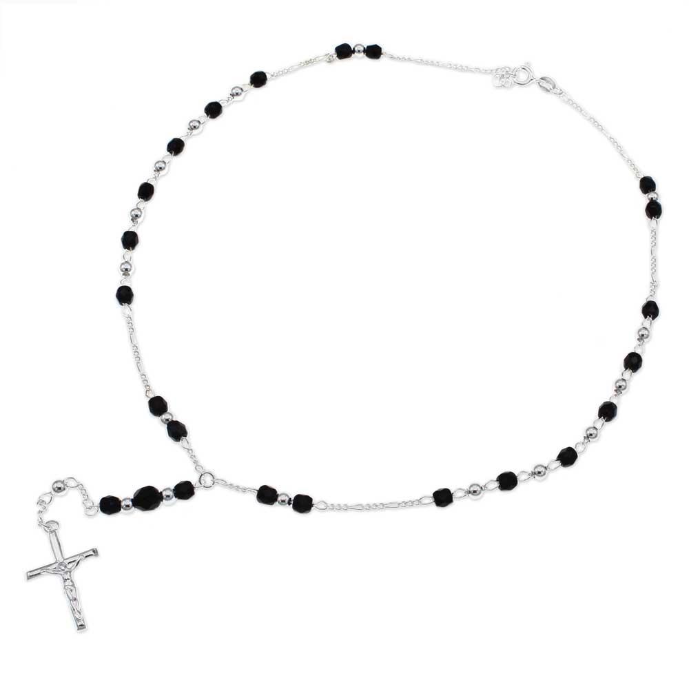 Sterling Silver Rosary Necklace with Black Crystal Beads
