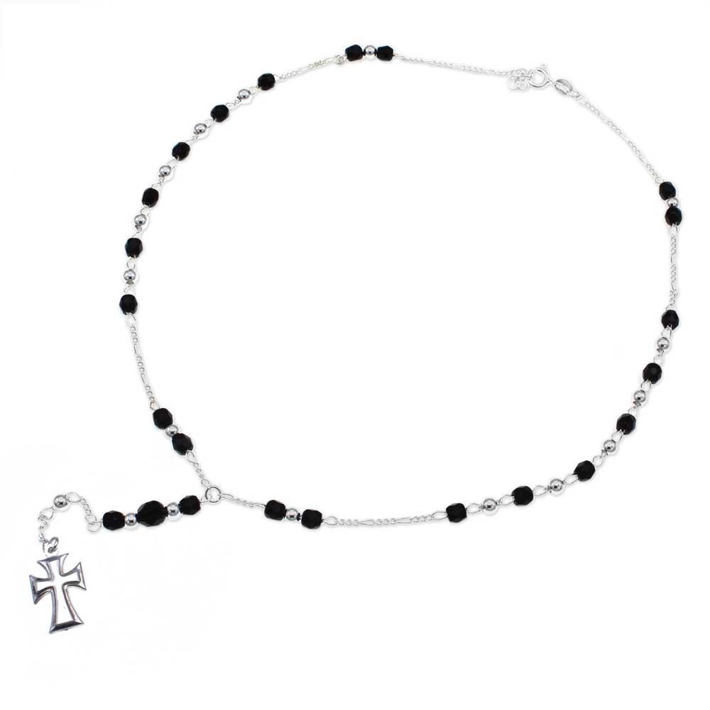 Sterling Silver Rosary Necklace with Black Crystal Beads