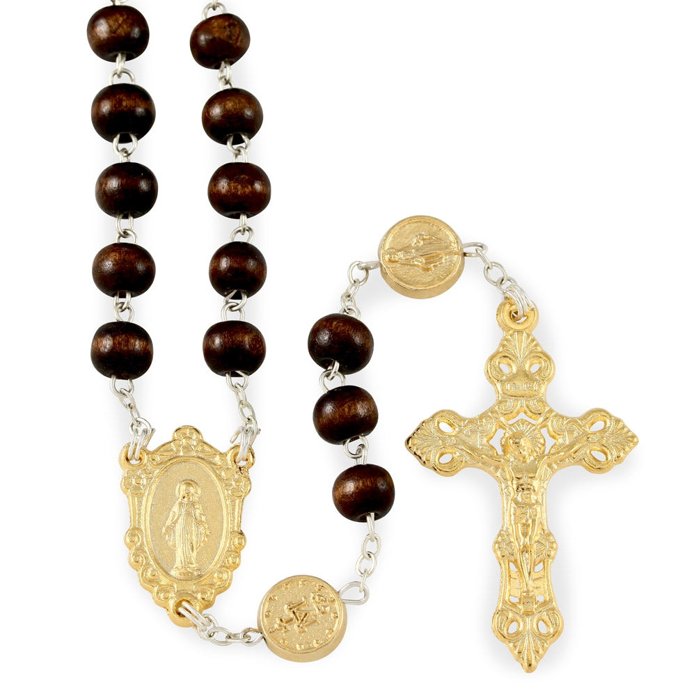 Rosary Wooden Beads Gold tone Miracle Medal 