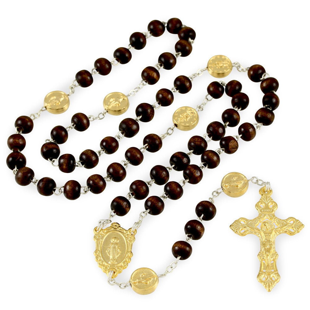 Rosary Wooden Beads Gold tone Miracle