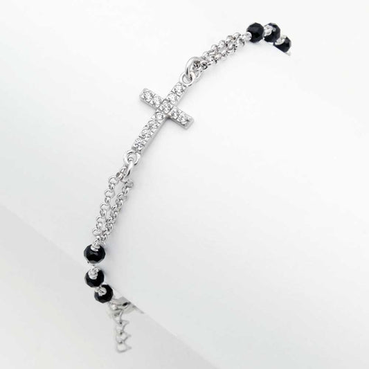 Sterling Silver Rosary Bracelet with Zircon Inline Cross