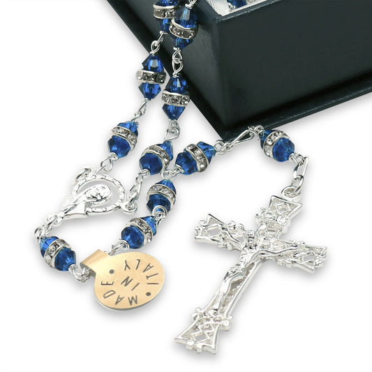 Swarovski Rosary Capri Blue Crystal Rondelle Beads Sterling Silver Filigree Crucifix