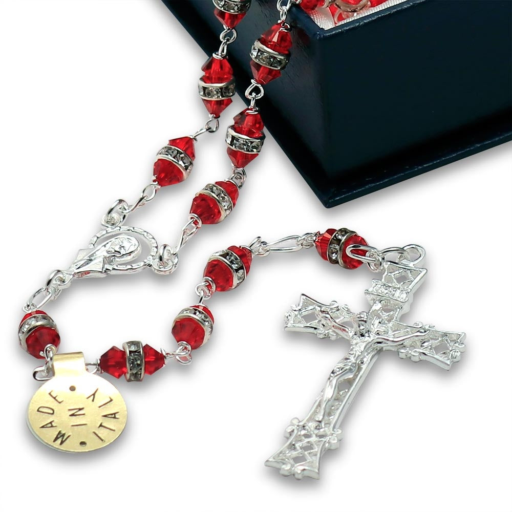 Swarovski Rosary Red Crysta Rondelle Beads Sterling Silver Filigree Crucifix