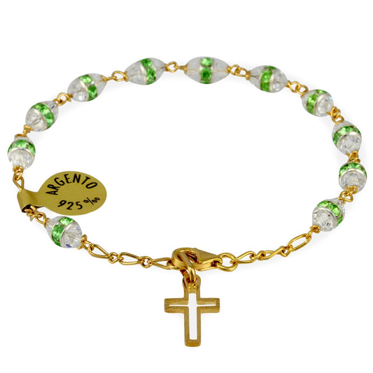 Gold Plated Catholic Rosary Bracelet w/ Green Swarovski Crystals
