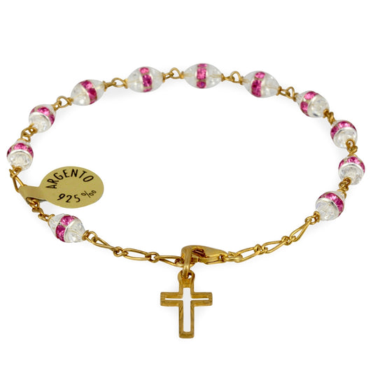 Gold Plated Rosary Bracelets w/ Pink Swarovski Crystals