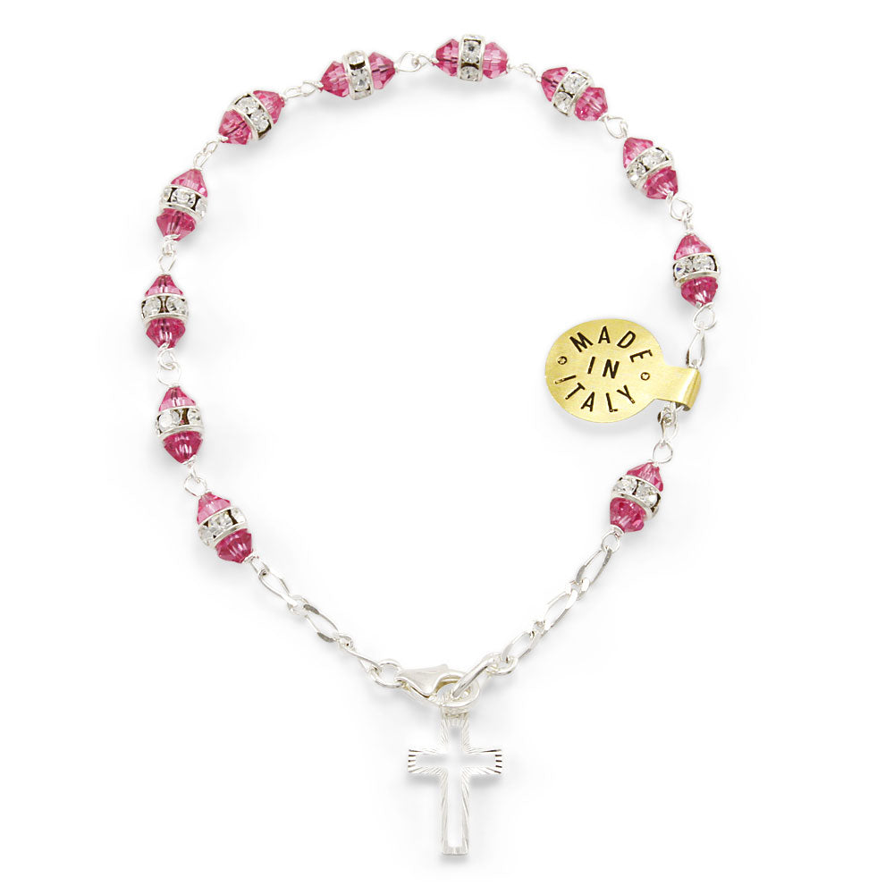 Catholic Rosary Bracelet w/ Pink Swarovski Crystals Beads