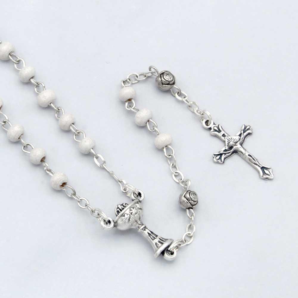 First Communion Rosary White Wooden Beads