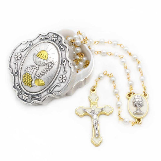 Rosary Pearl Beads First Communion Box Gift Set
