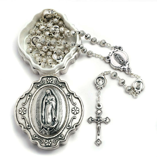 Our Lady Of Guadalupe Metal Beads Rosary with Silver Finish Box Gifts Set