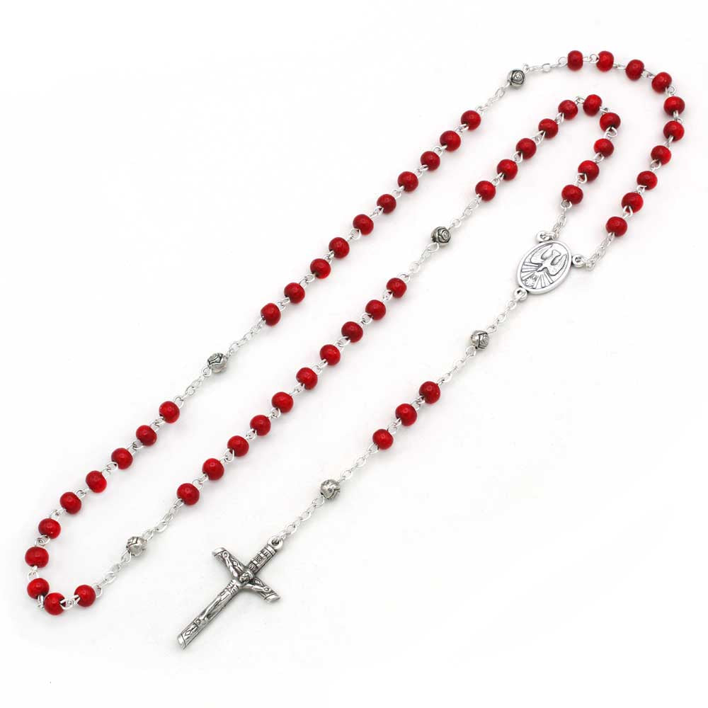 Holy Spirit Red Wooden Bead Rosary